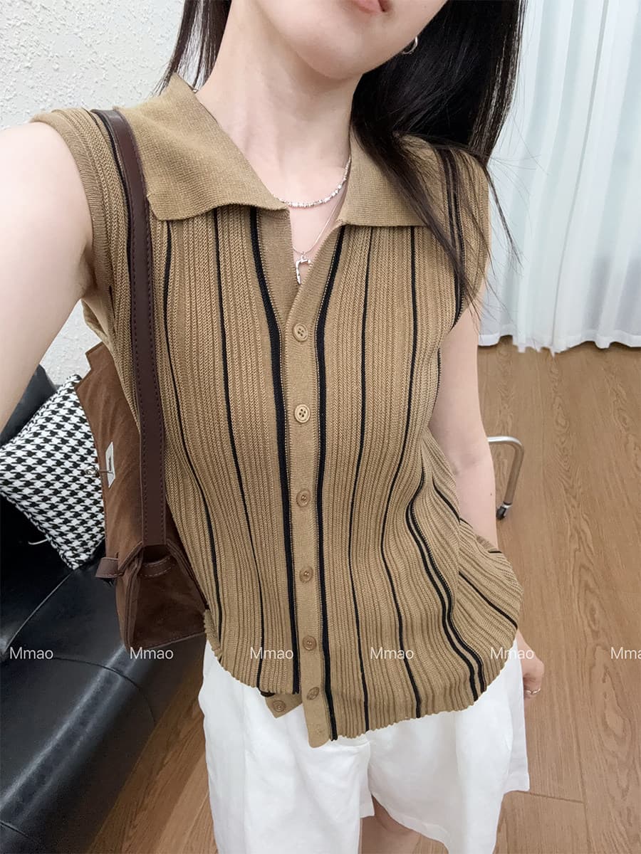 mmao 품격 배색 스트라이프 민소매 니트 조끼 여성 여름 새로운 몸매 가꾸기 슬림해 보이는 POLO 칼라 티셔츠 맨위 상세 이미지 6