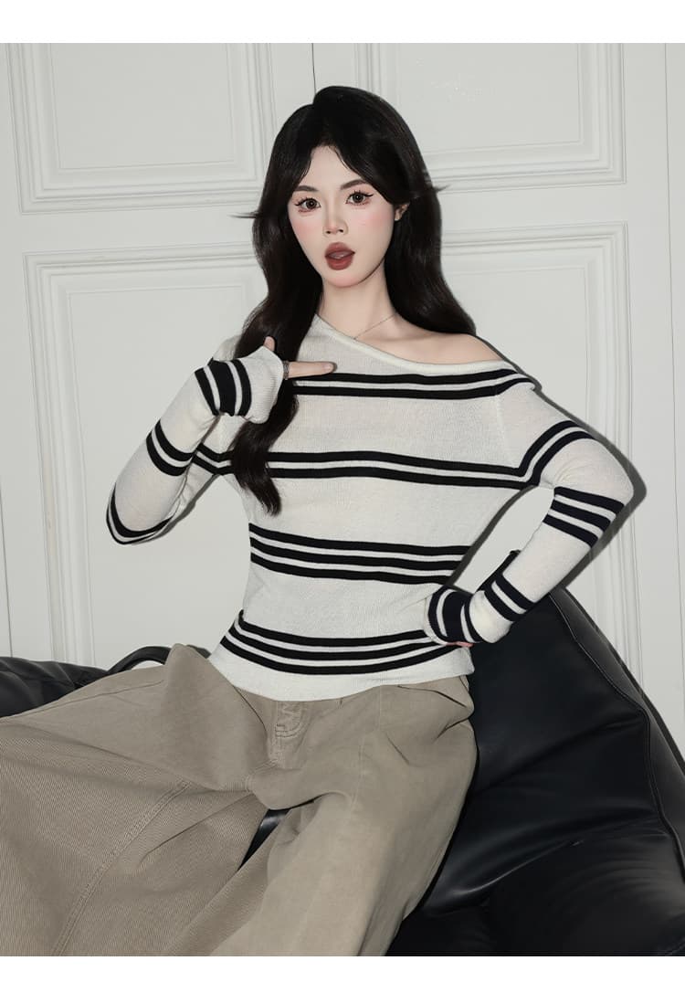 가을 겨울 슈퍼 화재 스트라이프 비스듬한 어깨 니트 스웨터 여성 슈퍼 잘 생긴 배색 달콤한 매운맛 만나는 긴팔 맨위 이미지 4