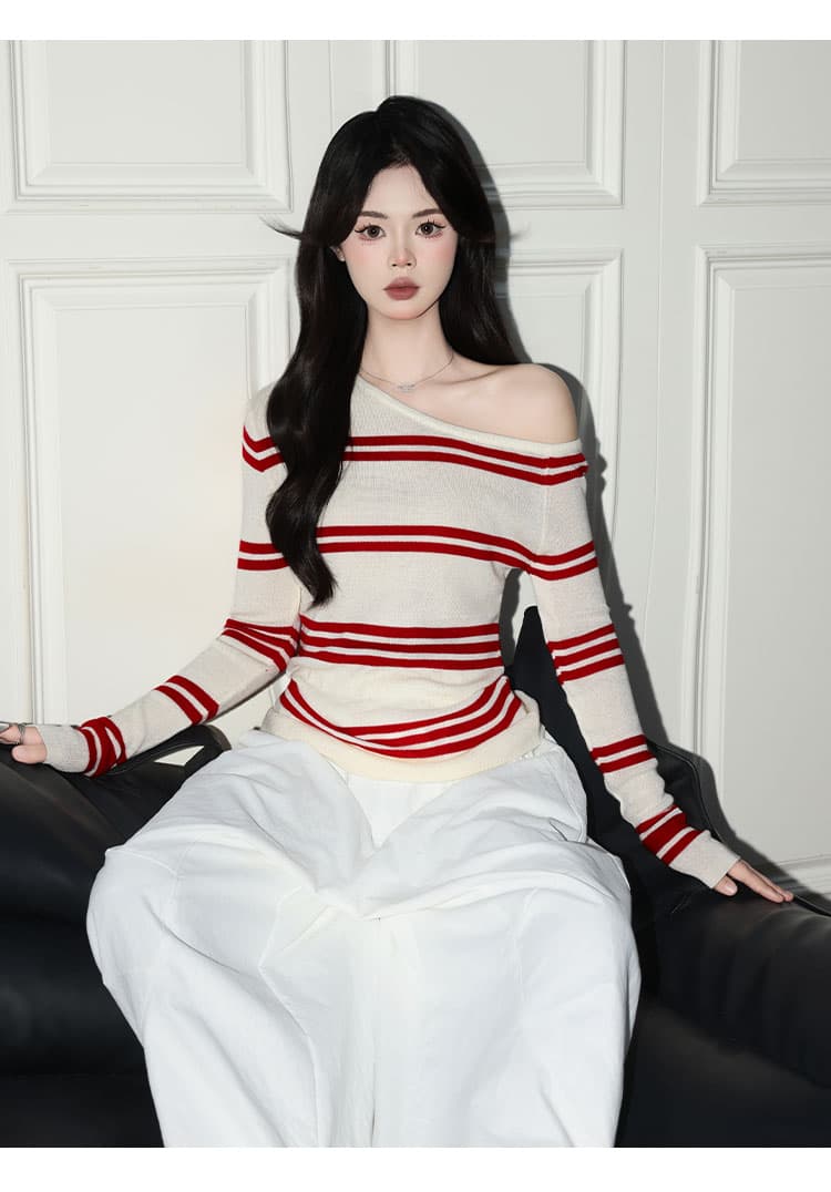 가을 겨울 슈퍼 화재 스트라이프 비스듬한 어깨 니트 스웨터 여성 슈퍼 잘 생긴 배색 달콤한 매운맛 만나는 긴팔 맨위 상세 이미지 11