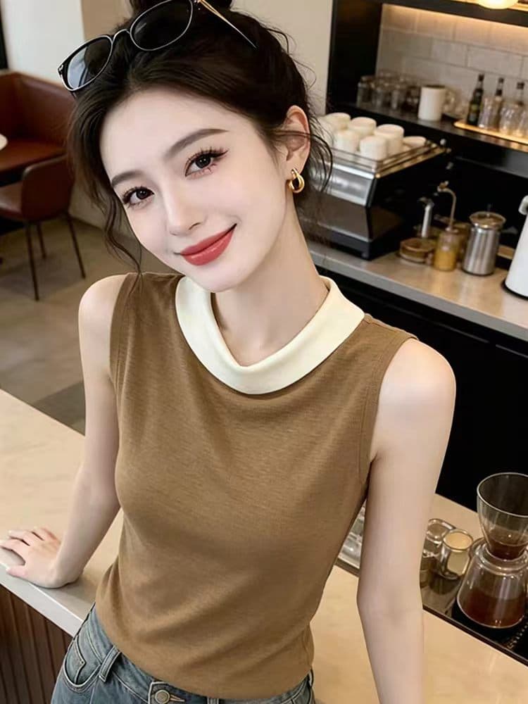 레트로 배색 패치워크 민소매 니트 스웨터 여성 작은 대중 고유 한 Chic 2026 여름 슬림해 보이는 미니멀리즘 품격 맨위 이미지 4