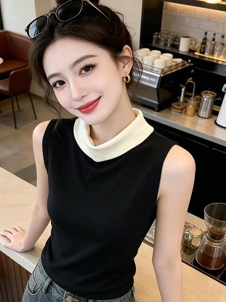 레트로 배색 패치워크 민소매 니트 스웨터 여성 작은 대중 고유 한 Chic 2026 여름 슬림해 보이는 미니멀리즘 품격 맨위 이미지 3