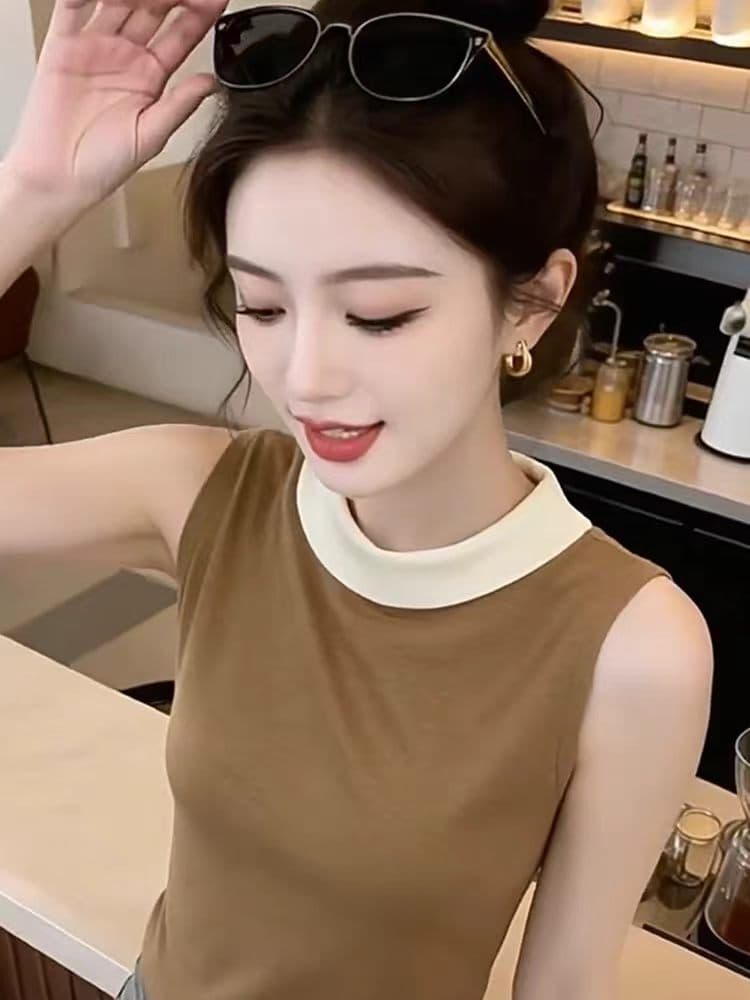 레트로 배색 패치워크 민소매 니트 스웨터 여성 작은 대중 고유 한 Chic 2026 여름 슬림해 보이는 미니멀리즘 품격 맨위 상세 이미지 2