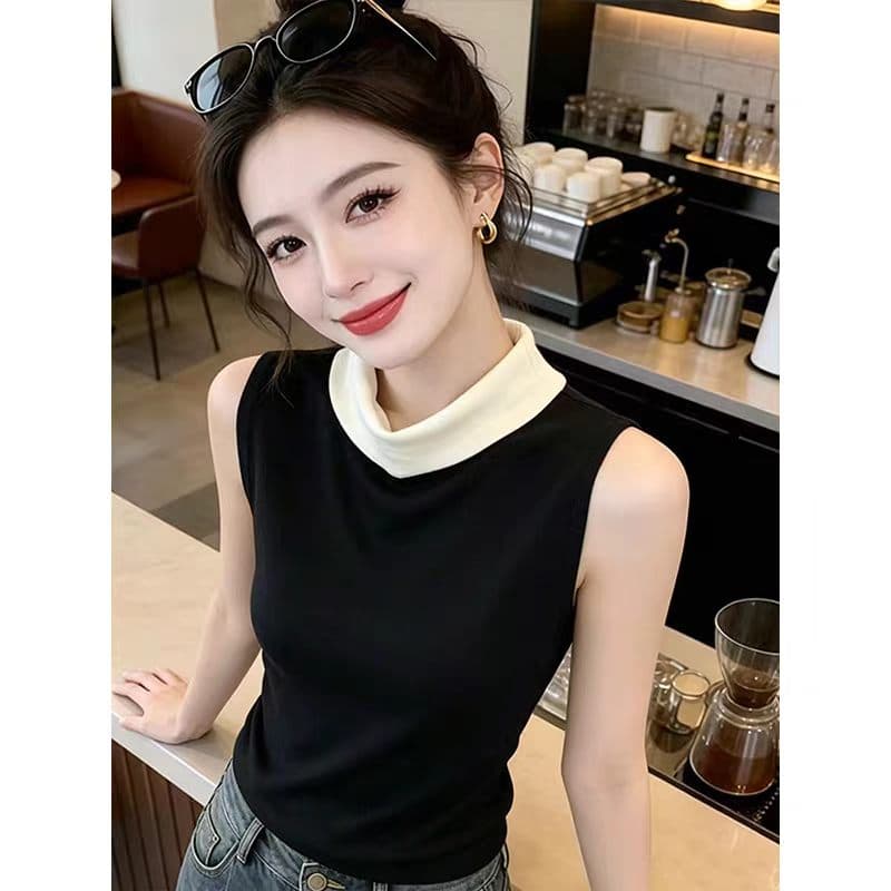 레트로 배색 패치워크 민소매 니트 스웨터 여성 작은 대중 고유 한 Chic 2026 여름 슬림해 보이는 미니멀리즘 품격 맨위 상세 이미지 6