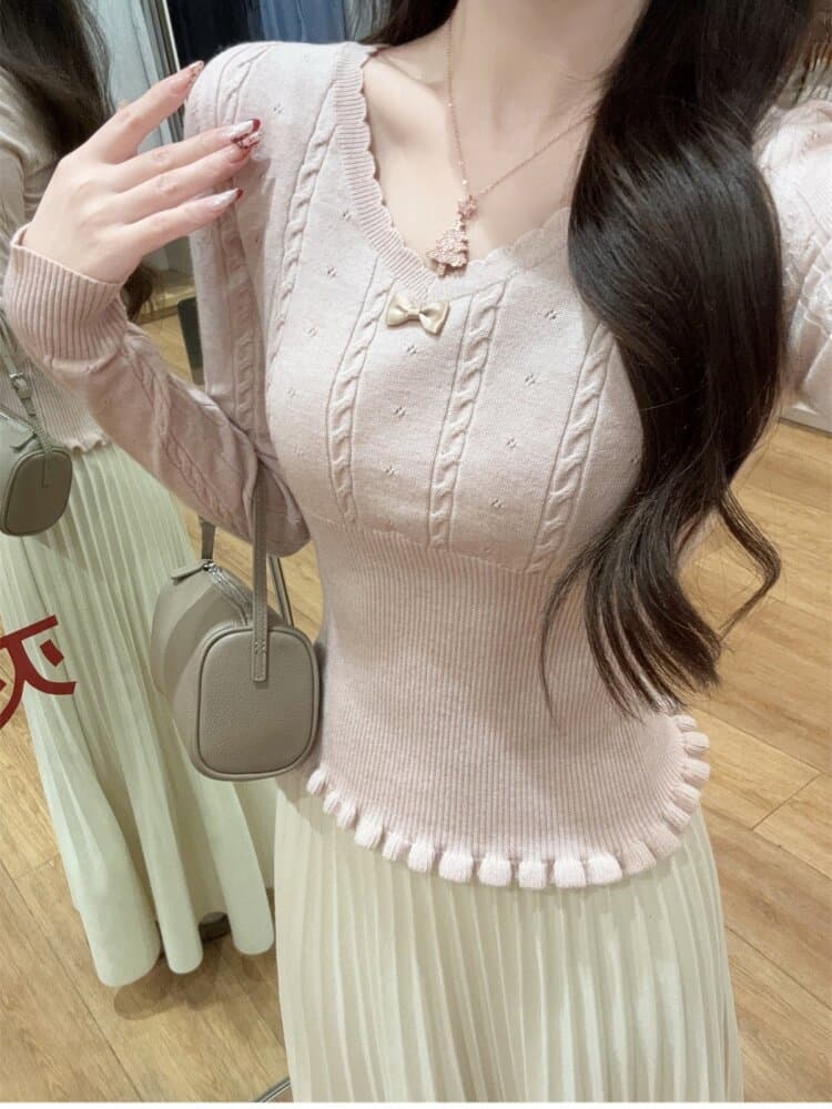한 부서 레이스 V넥 긴팔 털 니트 스웨터 여성 가을 겨울 새로운 몸매 가꾸기 순수한 욕망 바람 쇼트 스타일 만나는 인사이드 잡아라. 의류 상세 이미지 7