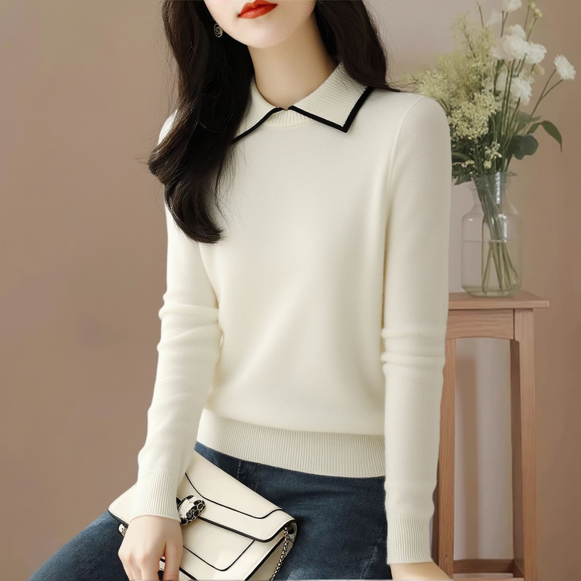 광저우 열세 개 2026 가을과 겨울 단색 폴로 칼라 긴팔 기본 셔츠 여성 품격 다용도 니트 스웨터 상세 이미지 4