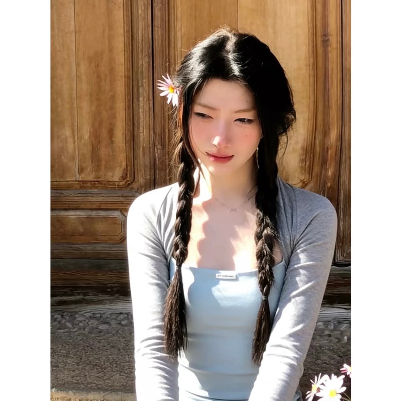 순수한 욕망 핫걸 어깨 페이크 레이어드 긴팔 티셔츠 여성 봄 인사이드 가져 가라. 기본 셔츠 Chic 아름다운 그레이트 봐. 의류 이미지 5