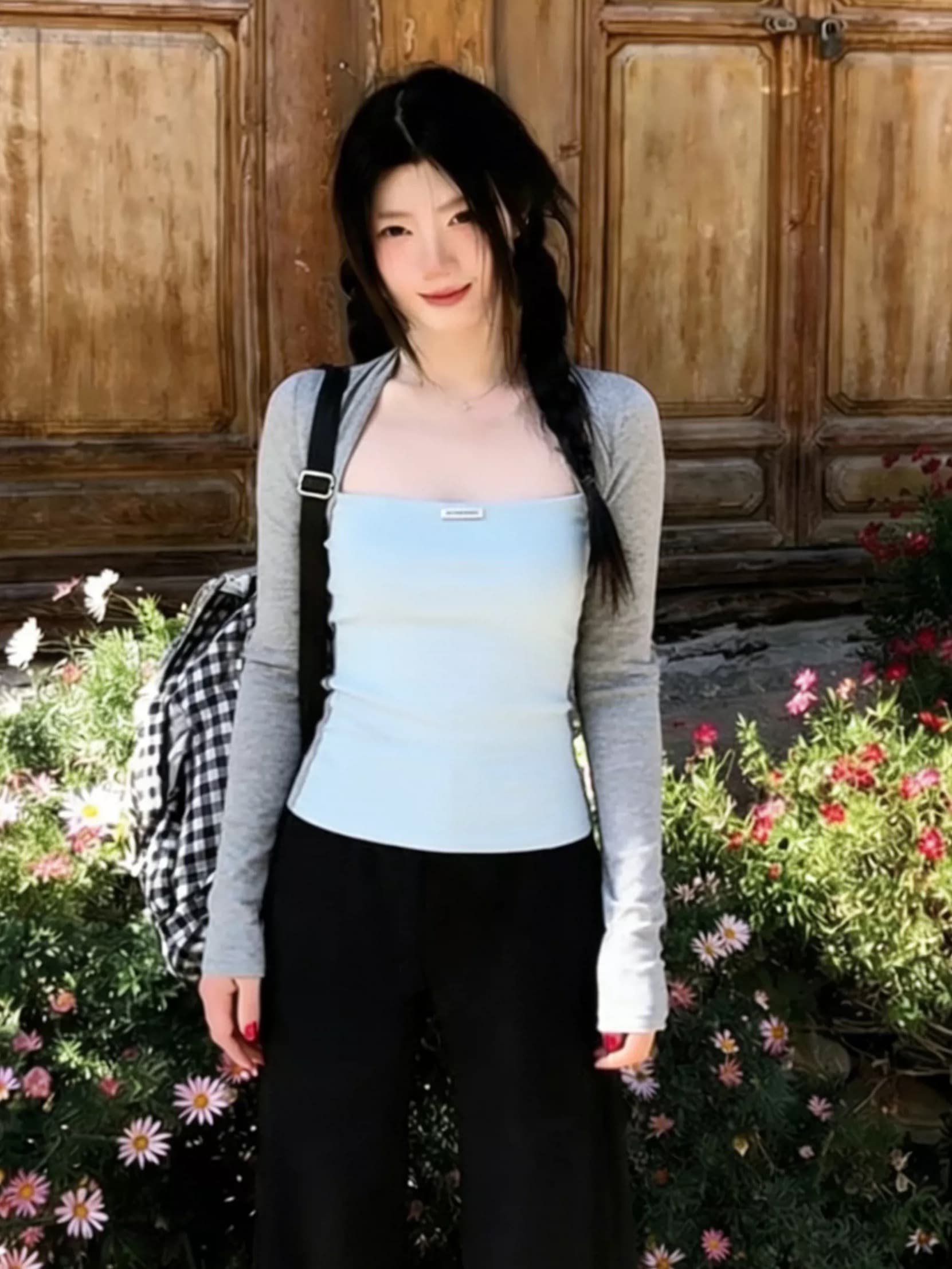 순수한 욕망 핫걸 어깨 페이크 레이어드 긴팔 티셔츠 여성 봄 인사이드 가져 가라. 기본 셔츠 Chic 아름다운 그레이트 봐. 의류 상세 이미지 3