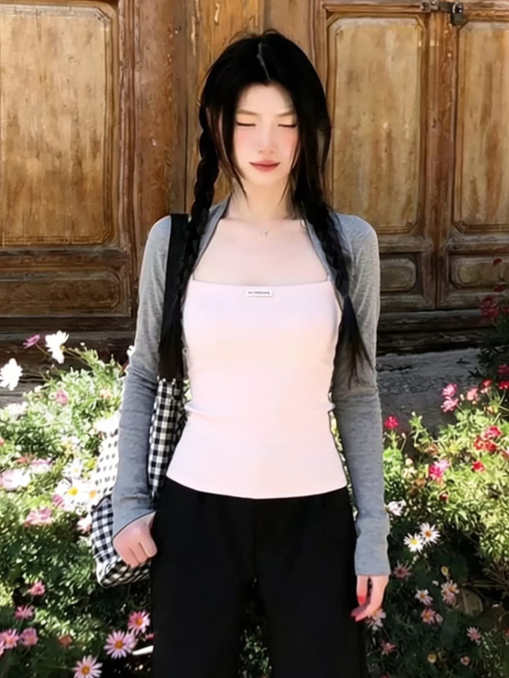 순수한 욕망 핫걸 어깨 페이크 레이어드 긴팔 티셔츠 여성 봄 인사이드 가져 가라. 기본 셔츠 Chic 아름다운 그레이트 봐. 의류 상세 이미지 5