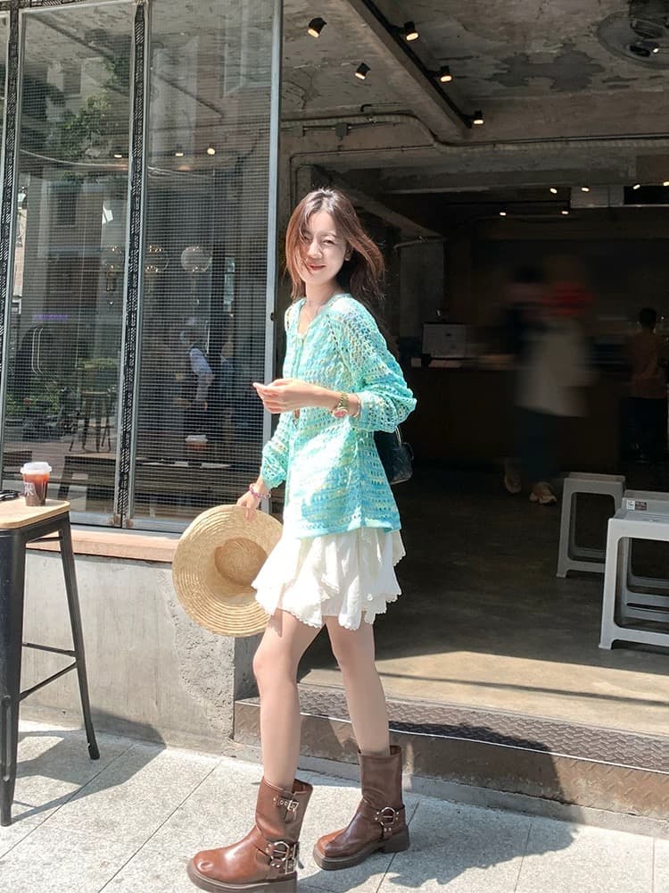 한 번 작은 짭짤한 한 부서 홀로우 아웃 자외선 차단 니트 블라우스 여성 여름 얇은 스타일 슬립 외부 가져 가라. 에어컨 셔츠 긴팔 맨위 이미지 2