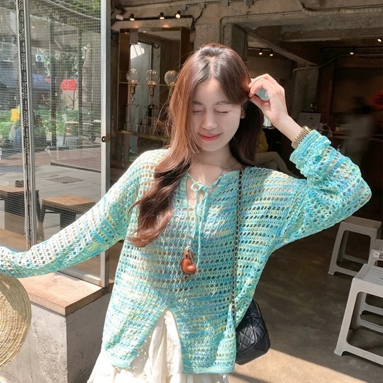 한 번 작은 짭짤한 한 부서 홀로우 아웃 자외선 차단 니트 블라우스 여성 여름 얇은 스타일 슬립 외부 가져 가라. 에어컨 셔츠 긴팔 맨위 이미지 5