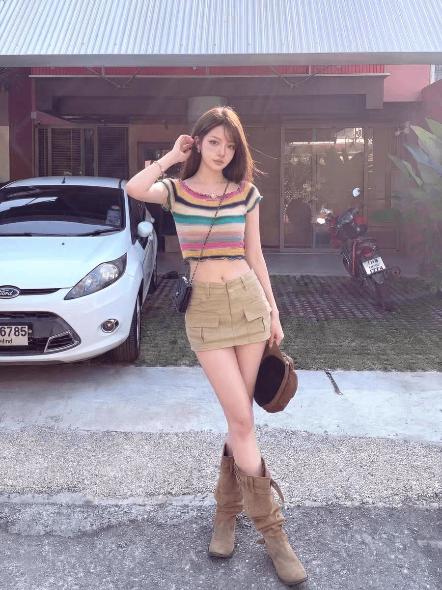 봄 여름 섹시함 핫걸 몸매 가꾸기 쇼트 스타일 맨위 한 부서 오프숄더 스트라이프 니트 반팔 티셔츠 여성 이미지 4
