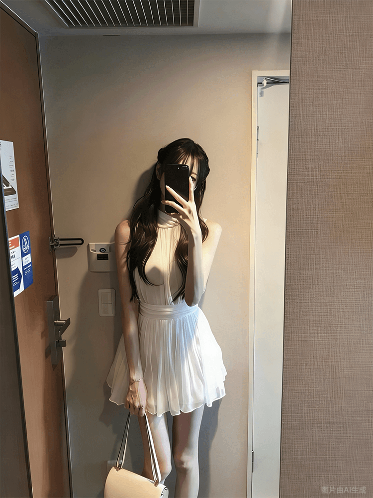 huliumi labelle 한국 작은 대중 디자인 흑인과 백인 백조 품격 허리 수축 행침 목 맨위 반 스커트 세트 상세 이미지 2