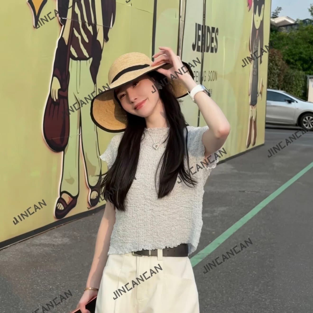 오후 주름 블루 좋은 주간 실크 프랑스식 질감 센스 세 하우스 높음 폭탄 반팔 이미지 4