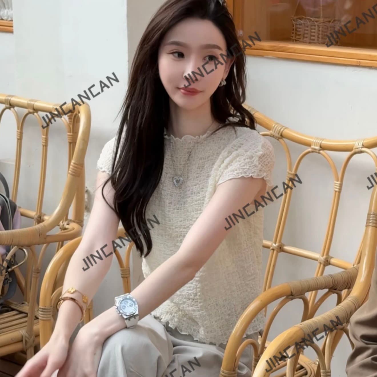 오후 주름 블루 좋은 주간 실크 프랑스식 질감 센스 세 하우스 높음 폭탄 반팔 이미지 5
