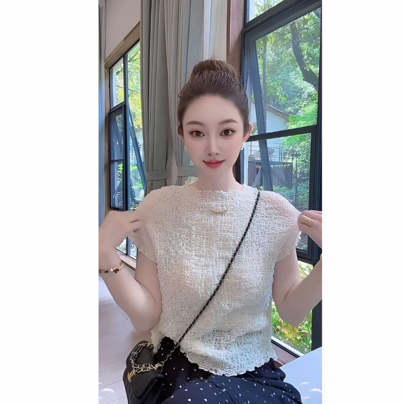 콩 최적의 여름 새로운 프릴 주름 질감 센스 디자인 다용도 슬림해 보이는 반팔 맨위 dz20195 이미지 6