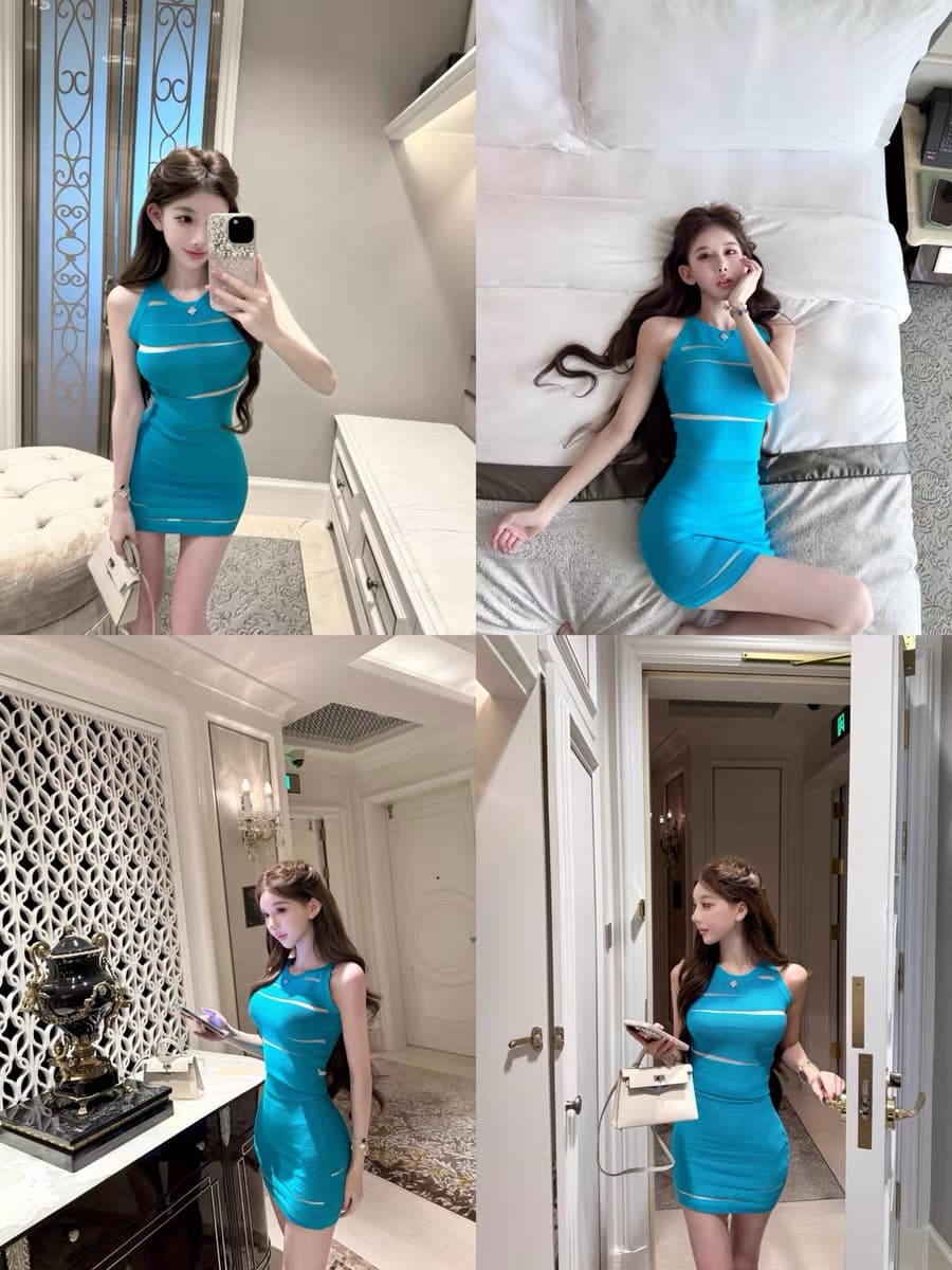 qiauuu ~을 통해 근육 블루 소나무 돌 섹시함 고급 센스 슬림해 보이는 홀로우 아웃 니트 행침 목 타이트 스커트 반신 치마 세트 상세 이미지 4