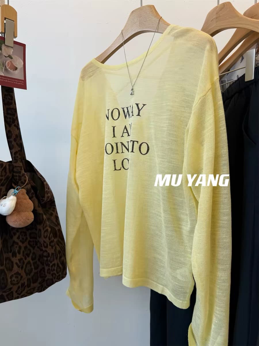 muyang 여름 추천 백리스 십자가 벨트 알파벳 얼음 실크 니트 스웨터 여성 레저 슬림해 보이는 자외선 차단 블라우스 이미지 4