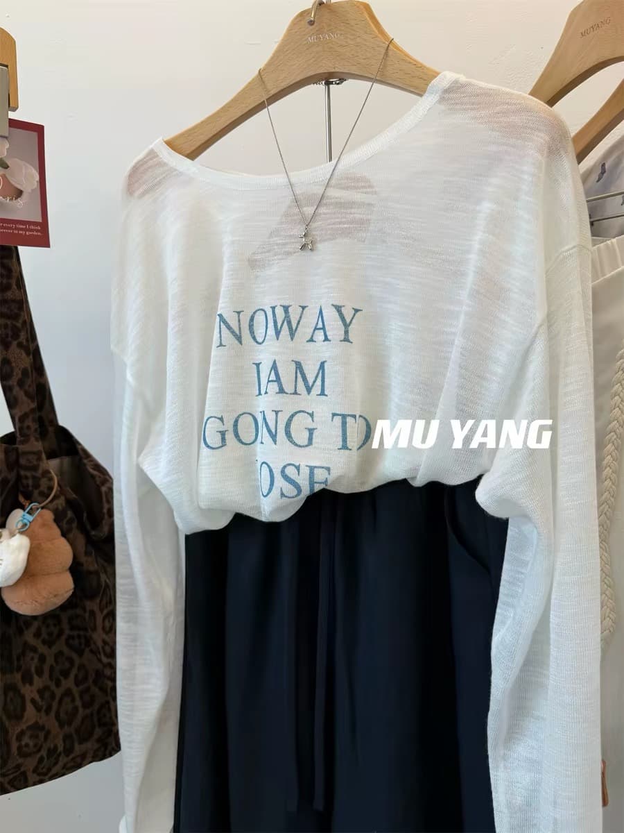 muyang 여름 추천 백리스 십자가 벨트 알파벳 얼음 실크 니트 스웨터 여성 레저 슬림해 보이는 자외선 차단 블라우스 상세 이미지 3