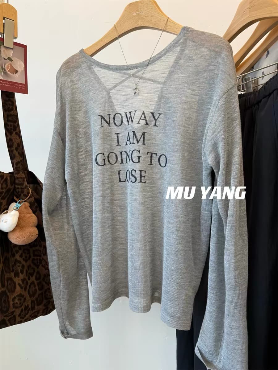 muyang 여름 추천 백리스 십자가 벨트 알파벳 얼음 실크 니트 스웨터 여성 레저 슬림해 보이는 자외선 차단 블라우스 상세 이미지 5