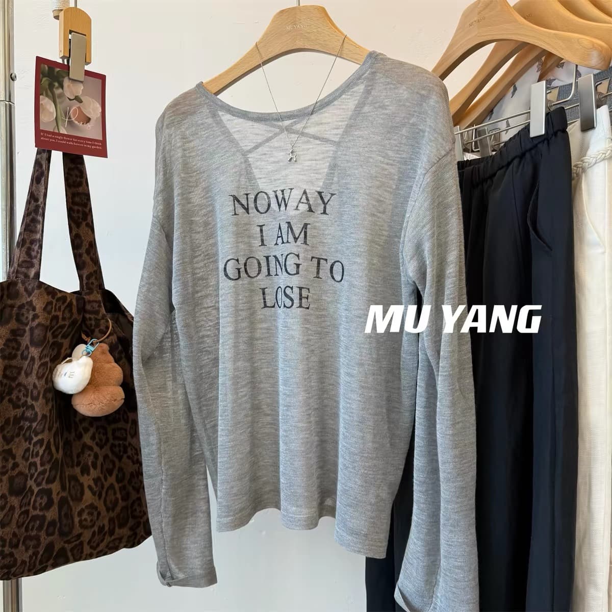 muyang 여름 추천 백리스 십자가 벨트 알파벳 얼음 실크 니트 스웨터 여성 레저 슬림해 보이는 자외선 차단 블라우스 상세 이미지 6