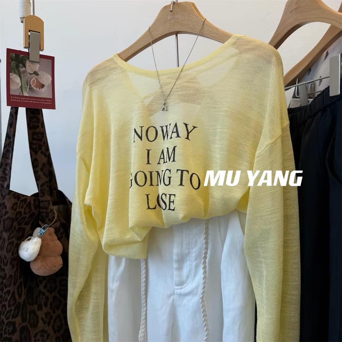 muyang 여름 추천 백리스 십자가 벨트 알파벳 얼음 실크 니트 스웨터 여성 레저 슬림해 보이는 자외선 차단 블라우스 상세 이미지 7