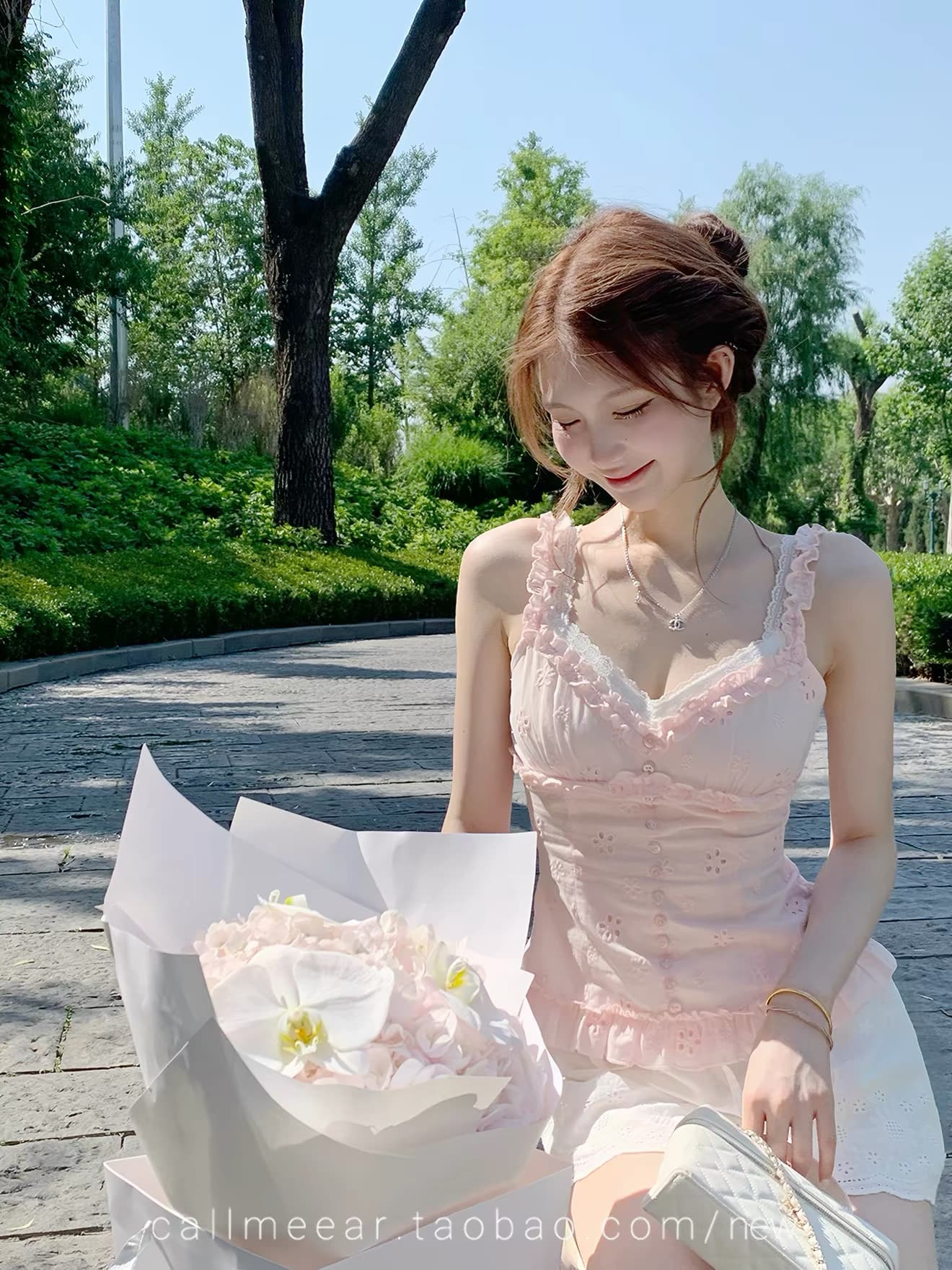 callmeear 오리지널 초여름 발레 꿈 배색 디자인 캐미솔 허리 수축 프랑스식 맨위 상세 이미지 2