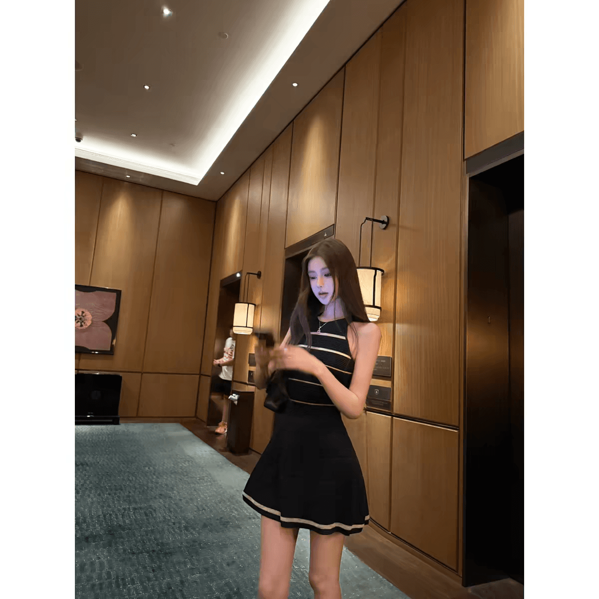 okmashop 장 원 영어 같은 단락 민소매 여성 드레스 여름 고급 센스 품격 홀로우 아웃 허리 수축 치마 이미지 5