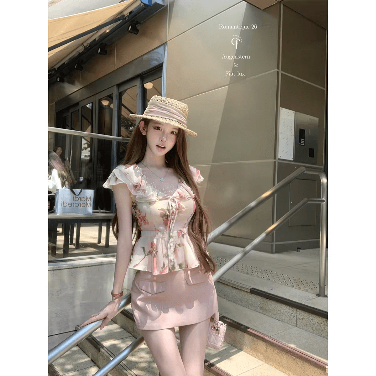 늦게 우산 우산 26 ss 사쿠라 음 나이 나이 분말 장미 꽃무늬 프릴 셔츠 분말 스웨이드 반 스커트 데님 반바지 상세 이미지 5
