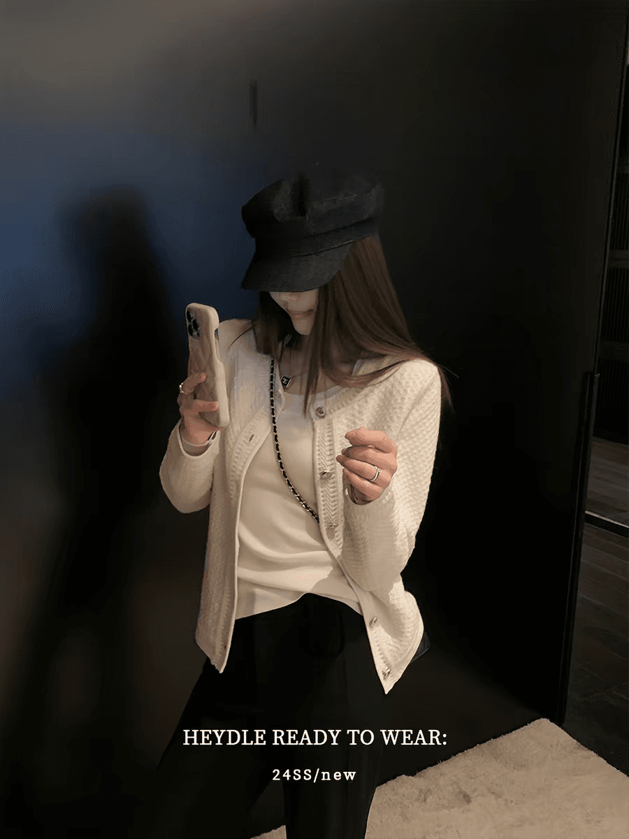 검은 콩 흠 부드러운 요령 품격 고급 센스 무거운 작업 화이트 니트 오픈 가디건 작은 샤넬 스타일 여성 코트 가을 상세 이미지 5