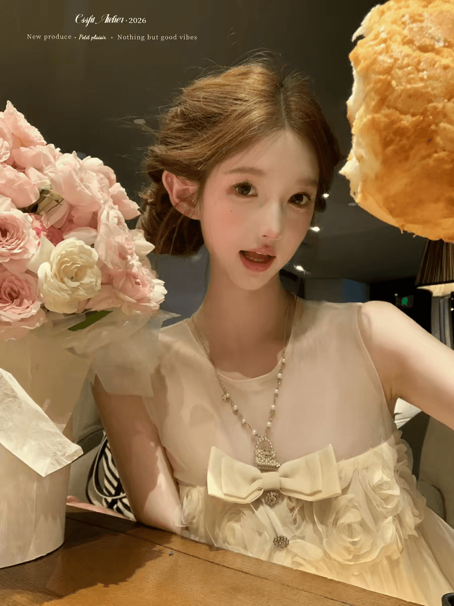 늦게 우산 우산 26 ss 구름 밀가루 부드러운 나비 매듭 훈련 버클 장미 꽃밭 치마 민소매 망사 드레스 미니 스커트 상세 이미지 4