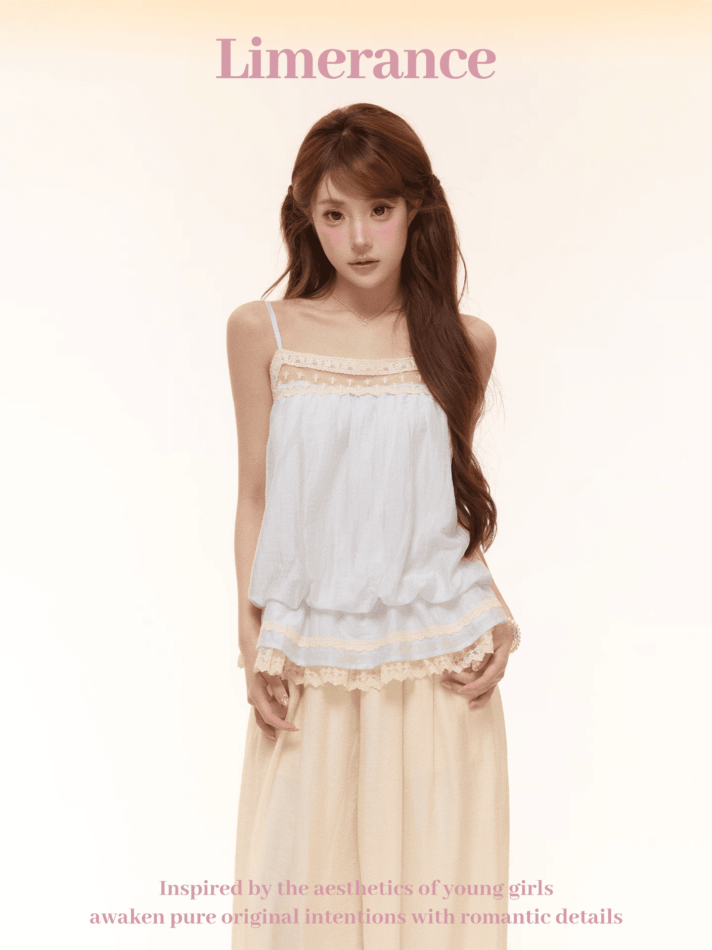 달콤한 배 지루한 체재 바람 종소리 소다 여름 순수한 욕망 자수 레이스 패치워크 슬립 루즈핏 풍선 바지 세트 여성 상세 이미지 3