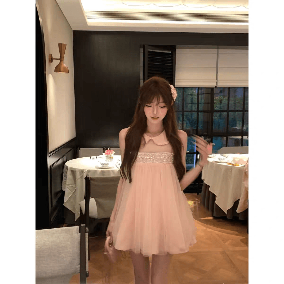 린 린 있음 바쁜 복숭아 분말 이름 애련 얕은 분말 구슬 리본 천 골드 소녀 공주 베이비 칼라 진자 드레스 이미지 3