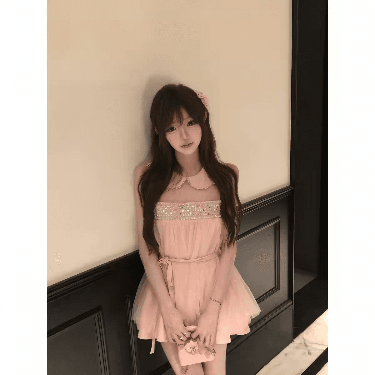 린 린 있음 바쁜 복숭아 분말 이름 애련 얕은 분말 구슬 리본 천 골드 소녀 공주 베이비 칼라 진자 드레스 상세 이미지 1