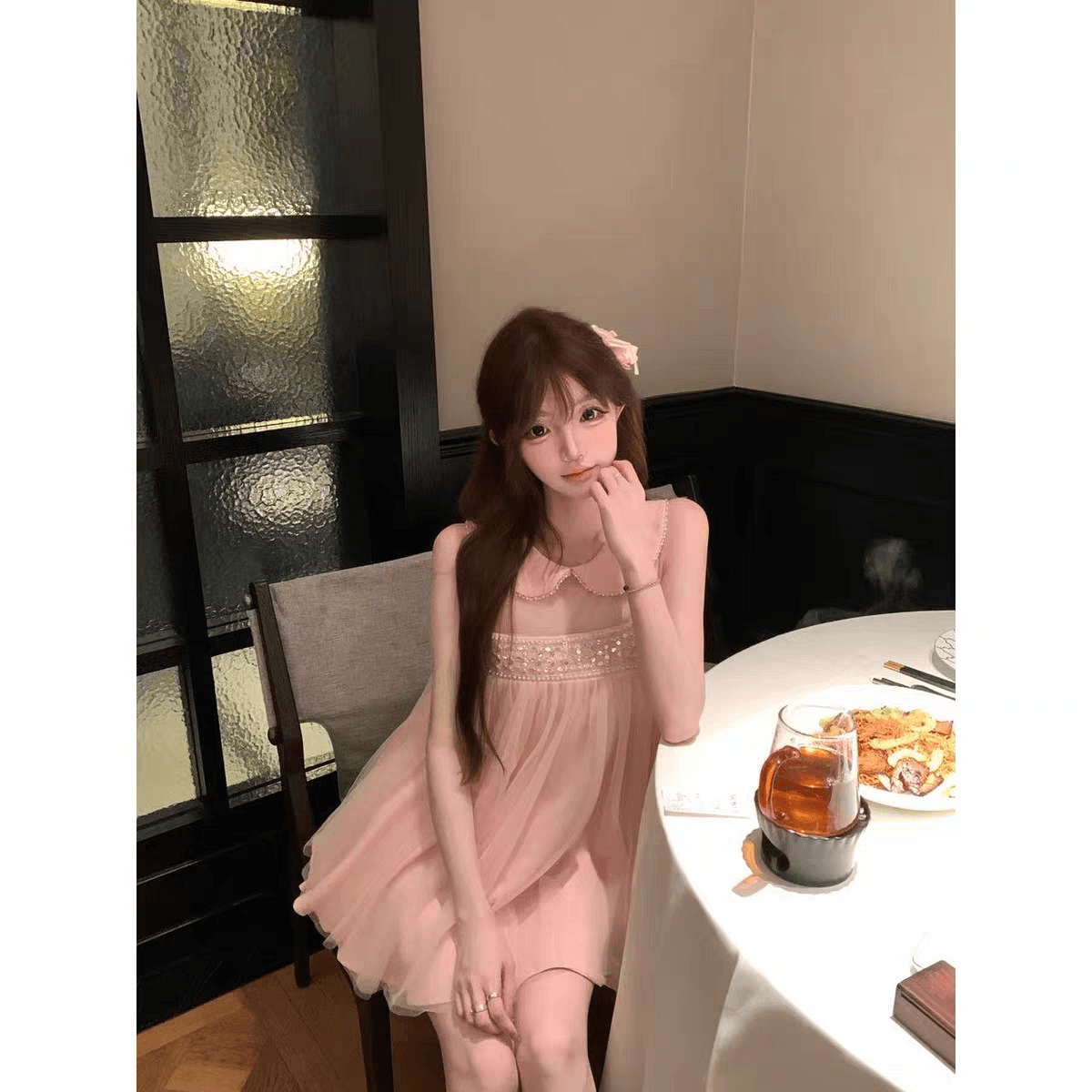 린 린 있음 바쁜 복숭아 분말 이름 애련 얕은 분말 구슬 리본 천 골드 소녀 공주 베이비 칼라 진자 드레스 상세 이미지 4