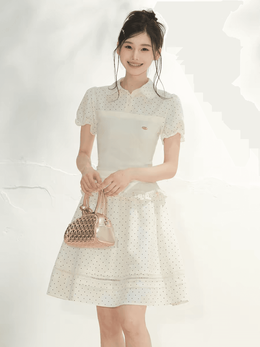 eleven sleep 여름 도트 무늬 페이크 레이어드 반팔 티셔츠 여성 디자인 센스 작은 대중 허리 수축 프릴 맨위 상세 이미지 4
