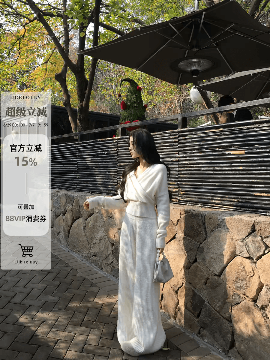 icelolly 양 구덩이 기사 부드러운 찹쌀 긴팔 니트 스웨터 세트 여성 겨울 2025 루즈핏 와이드 레그 팬츠 투피스 세트 상세 이미지 1