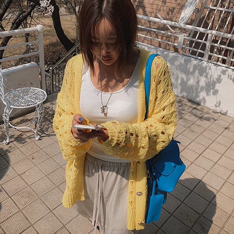 26 이른 가을 한국 디자인 센스 니트 스웨터 분위기 센스 단색 긴팔 루즈핏 홀로우 아웃 스웨터 코트 1270 상세 이미지 1