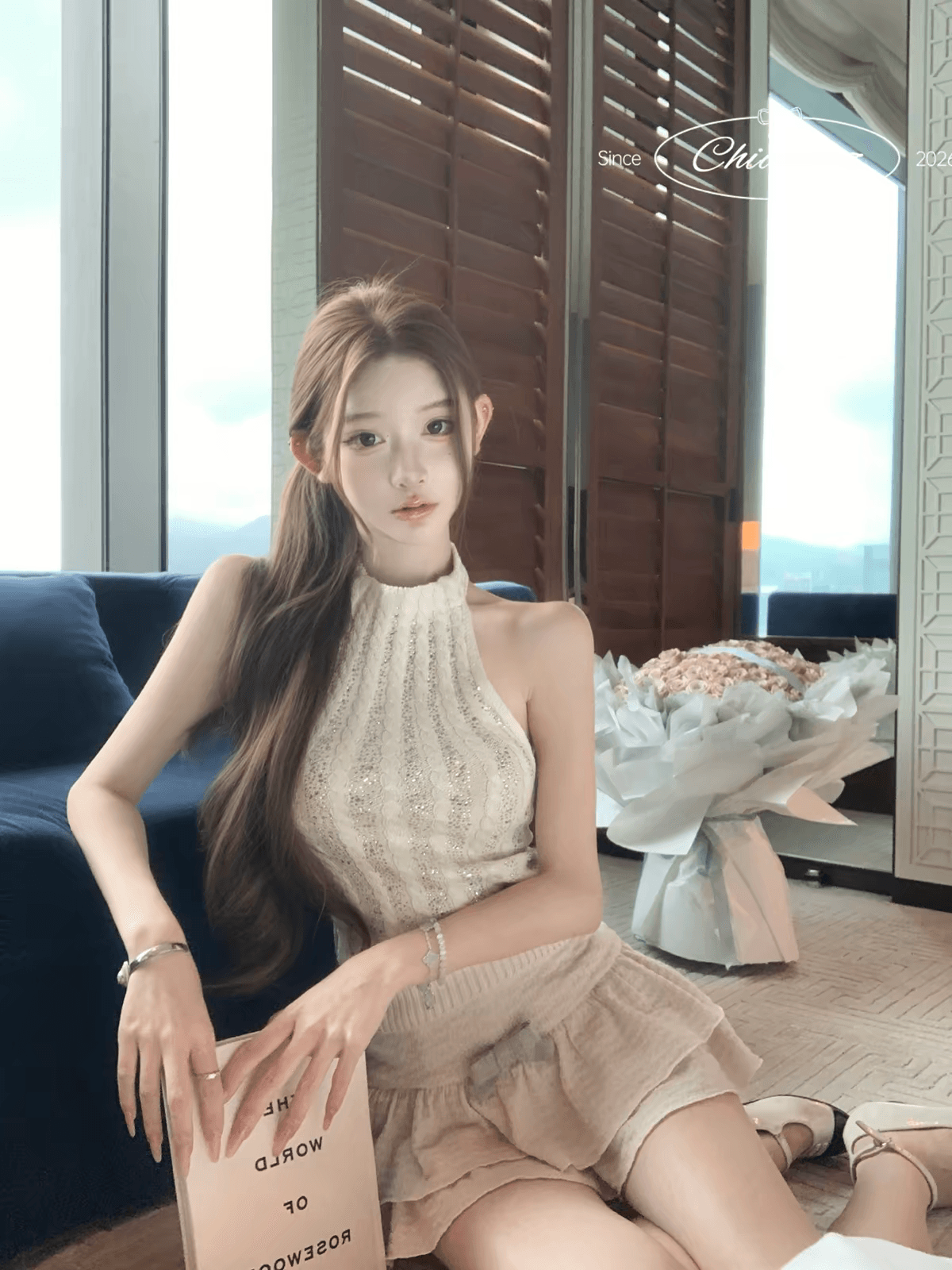 수영장 자오 짜오 26ss 핫픽스 얼음 마 니트 양성 및 음성 둘 착용 행침 목 튜브탑 맨위 어둠 곡물 케이크 미니 스커트 세트 이미지 3