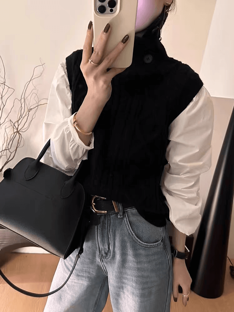 유럽 상품 패션 품격 다용도 스웨터 패치워크 셔츠 스택 착용 단색 풀오버 작은 셔츠 니트 스웨터 만나는 맨위 여성 이미지 3