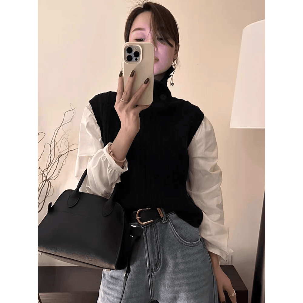 유럽 상품 패션 품격 다용도 스웨터 패치워크 셔츠 스택 착용 단색 풀오버 작은 셔츠 니트 스웨터 만나는 맨위 여성 이미지 5