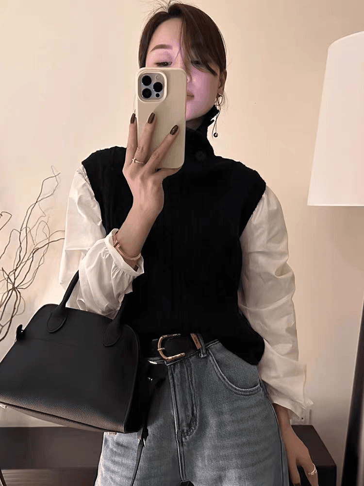 유럽 상품 패션 품격 다용도 스웨터 패치워크 셔츠 스택 착용 단색 풀오버 작은 셔츠 니트 스웨터 만나는 맨위 여성 상세 이미지 5
