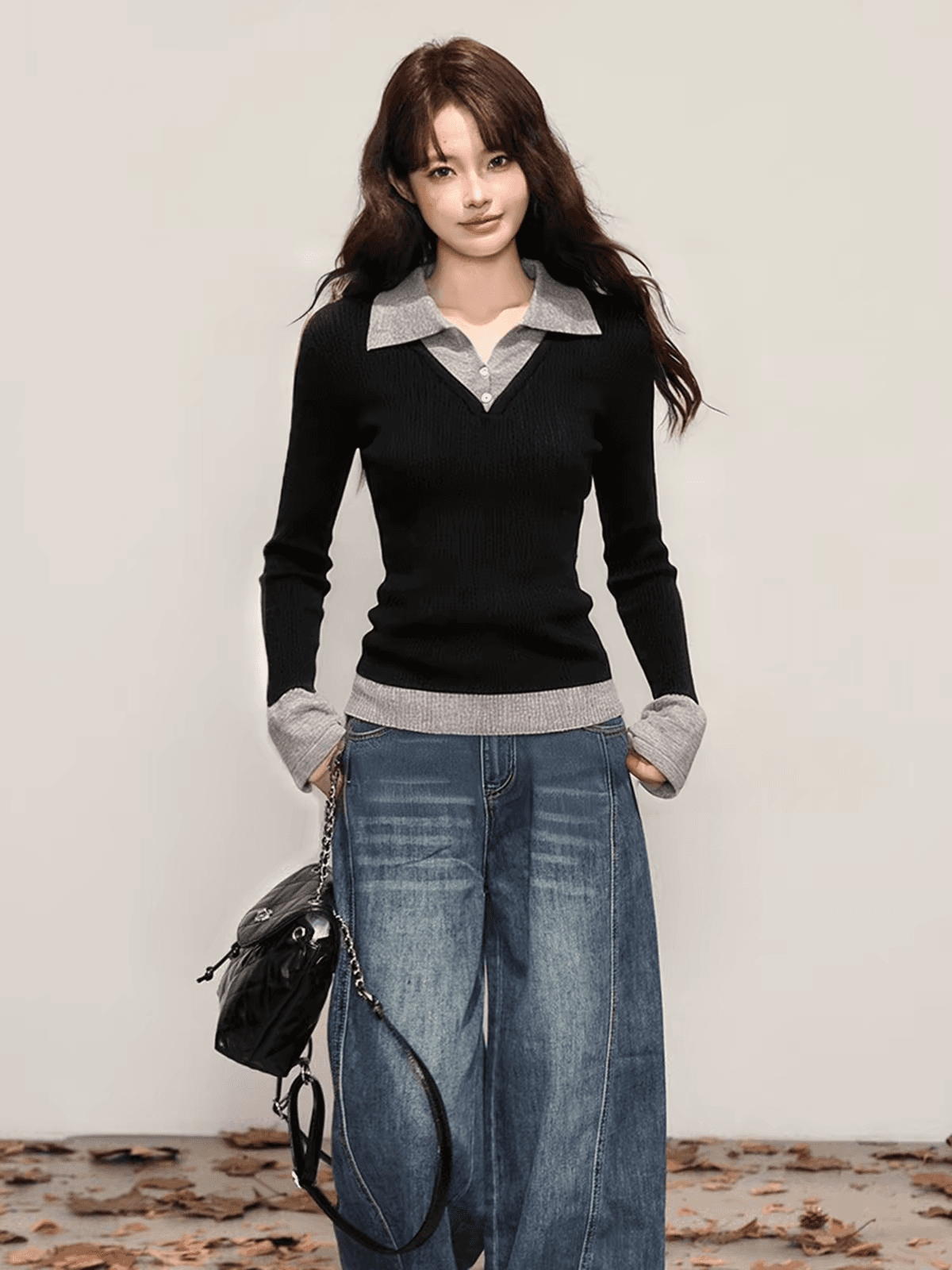 배색 페이크 레이어드 긍정적 인 어깨 니트 기본 셔츠 여성 봄 polo 폴로 칼라 몸매 가꾸기 스웨터 긴팔 인사이드 잡아라. 의류 상세 이미지 2