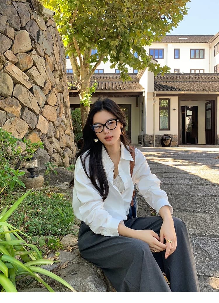 pusumede 출퇴근 오른쪽 화이트 페이크 레이어드 긴팔 여성 셔츠 디자인 센스 패치워크 레이스 쇼트 스타일 스웨터 상세 이미지 4