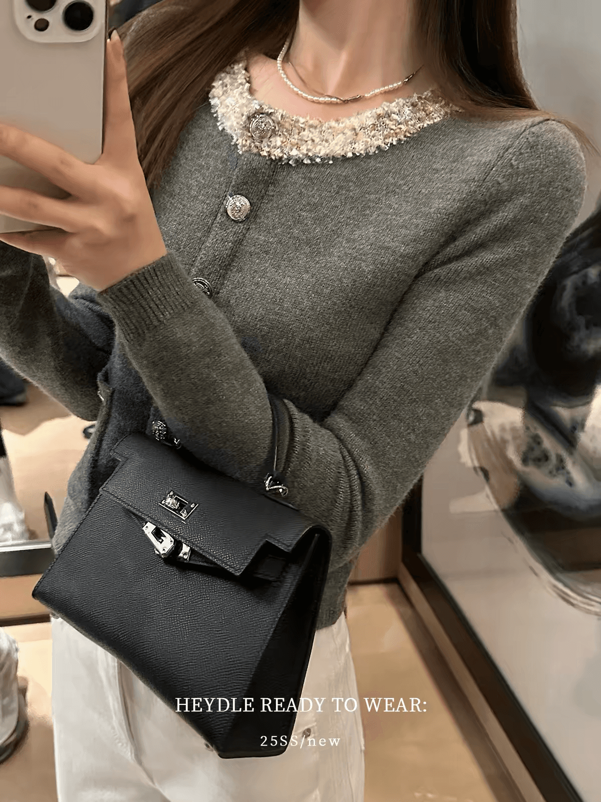 검은 콩 흠 제니 정원 꽃 실 패치워크 작은 샤넬 스타일 쇼트 스타일 스웨터 품격 라운드 넥 풀오버 니트 맨위 상세 이미지 2