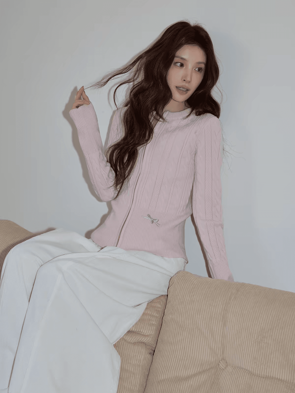 시끄러운 홈 한 부서 핑크색 라운드 넥 꽈배기 니트 오픈 가디건 여성 여름 캐주얼 몸매 가꾸기 에어컨 객실 지퍼 재킷 이미지 2