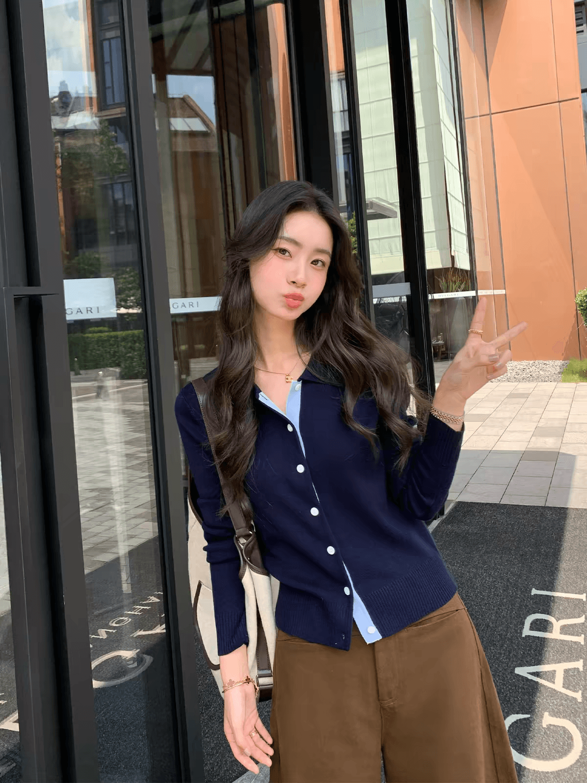 pusumede 착용 가져 가라. 수식 배색 POLO 칼라 니트 오픈 가디건 여성 봄 가을 디자인 센스 긴팔 품격 맨위 상세 이미지 4