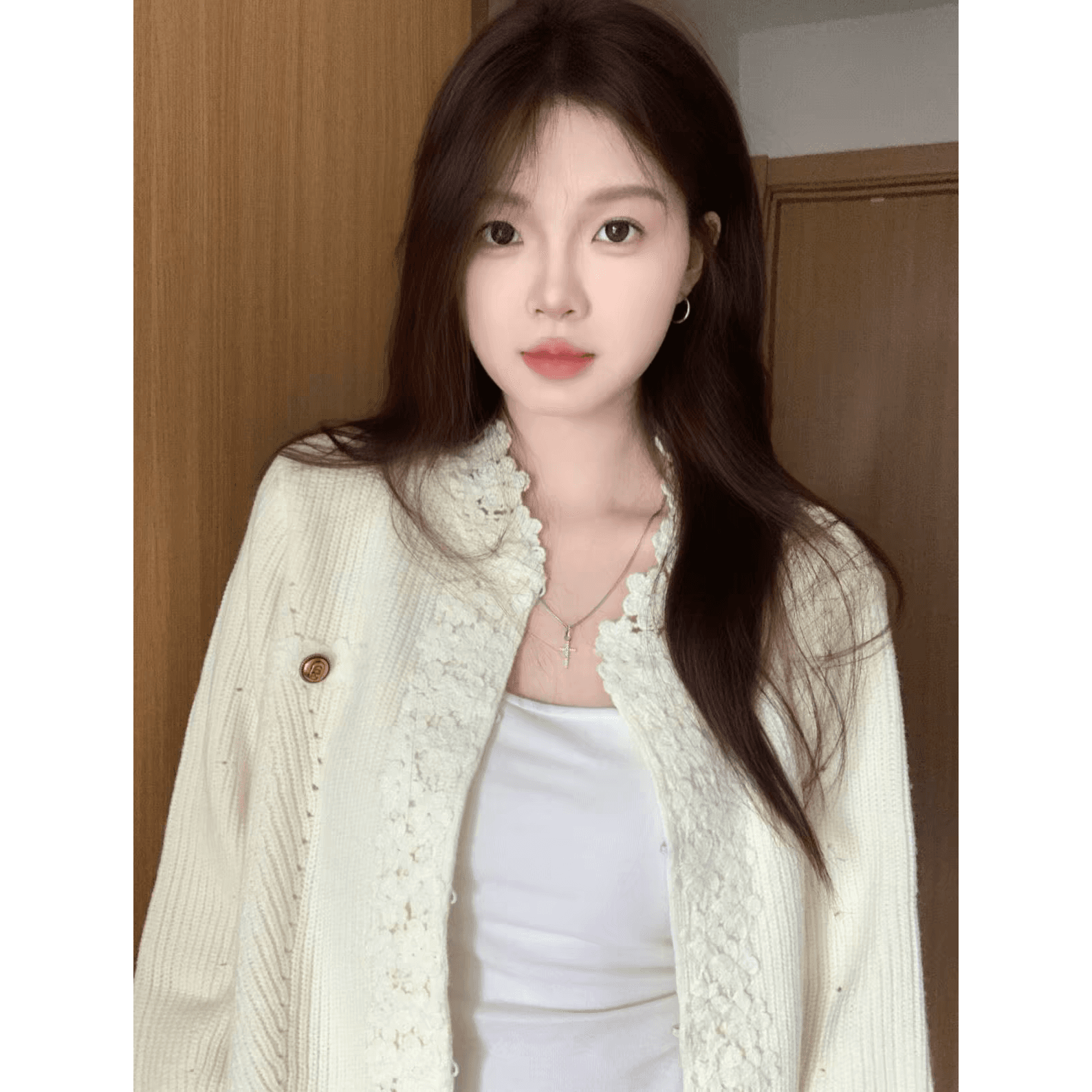 수공 자수 레이스 레이스 화이트 니트 오픈 가디건 여성 2026 가을 겨울 새로운 루즈핏 다용도 맨위 재킷 이미지 5