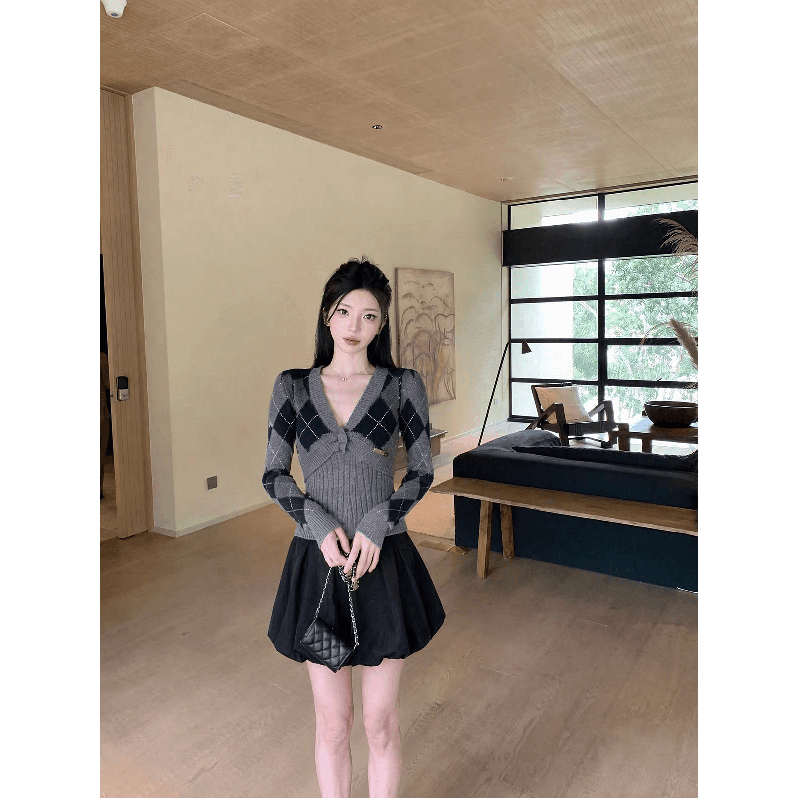 joeyjoy 와인 하나 한 부서 긴팔 회색 V넥 링 그리드 스웨터 여자 가을 겨울 고급 품격 레트로 다용도 맨위 이미지 5