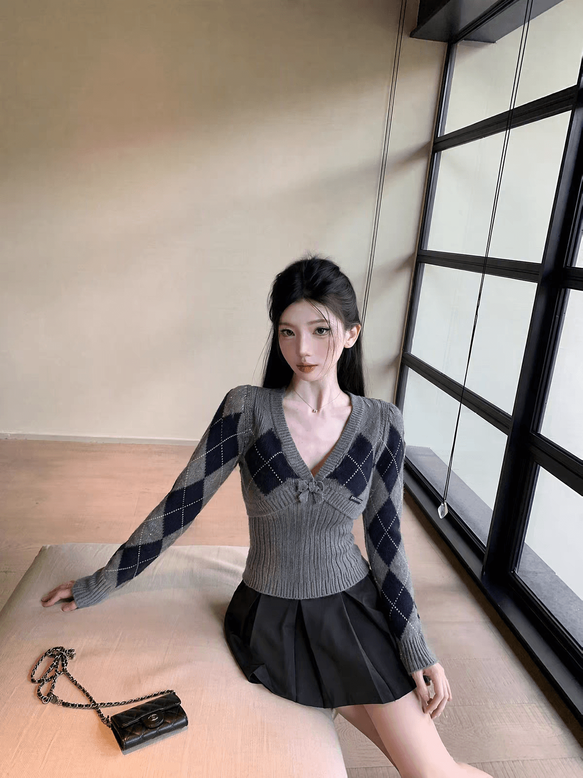 joeyjoy 와인 하나 한 부서 긴팔 회색 V넥 링 그리드 스웨터 여자 가을 겨울 고급 품격 레트로 다용도 맨위 상세 이미지 2