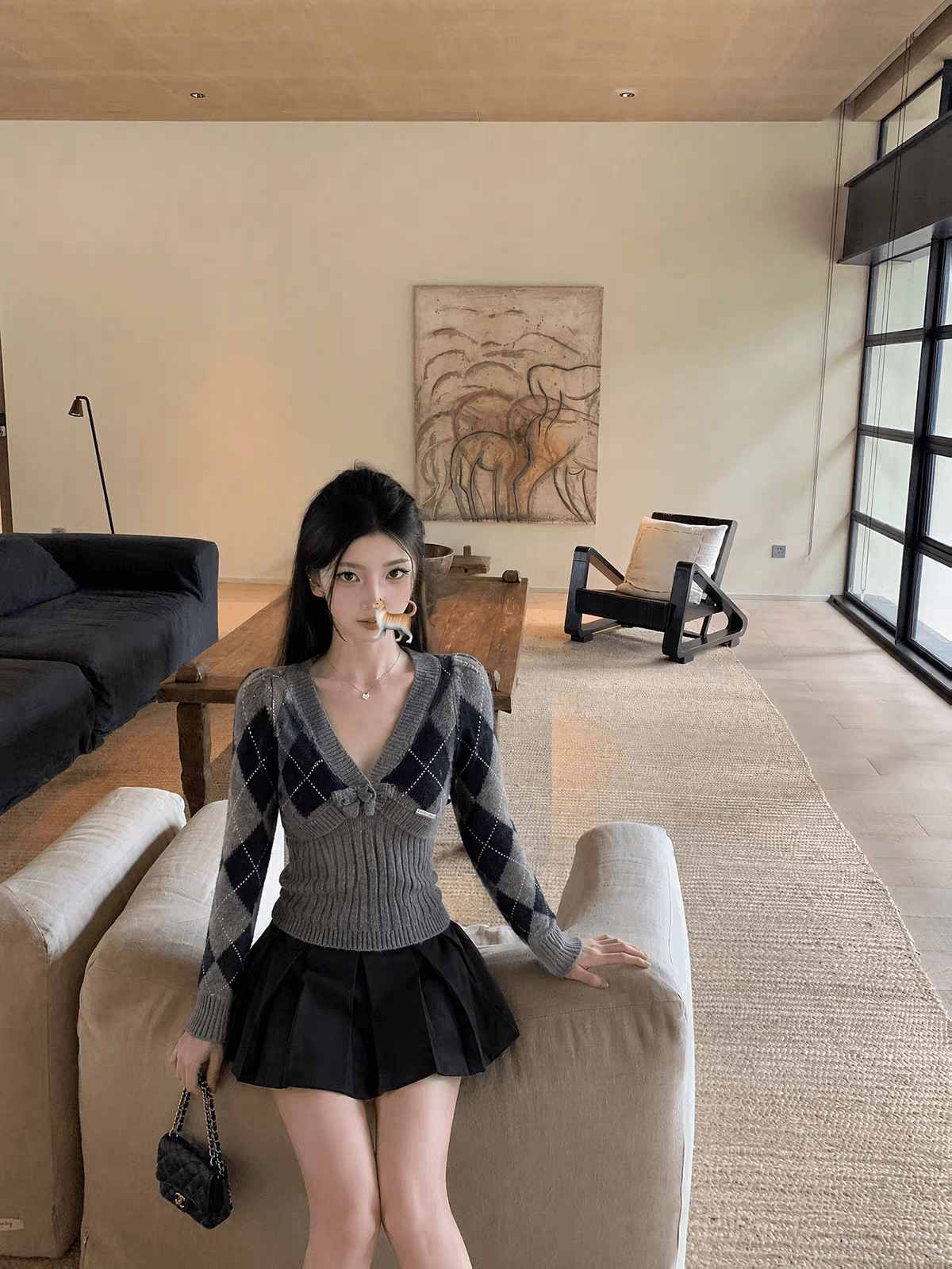 joeyjoy 와인 하나 한 부서 긴팔 회색 V넥 링 그리드 스웨터 여자 가을 겨울 고급 품격 레트로 다용도 맨위 상세 이미지 3